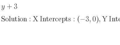 The y+3 is X Intercepts: (-3,0),Y Intercepts: (0,3)